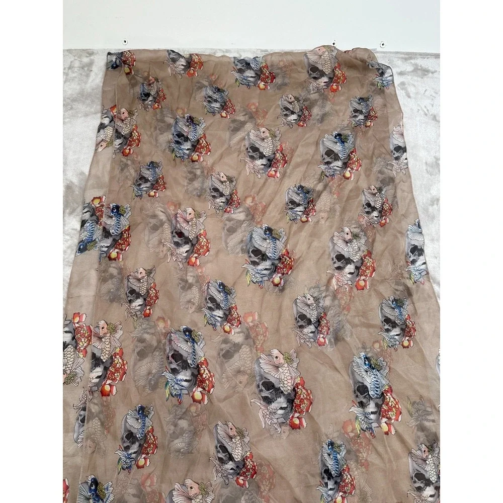 100% Silk Scarf Skull & Koi Fish Print Sheer 2' x 8' Brand New With Tags A. Zooe